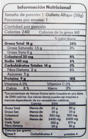 Información Nutricional Alfajor keto con arequipe de almendras 50gr - Sin Remordimientos