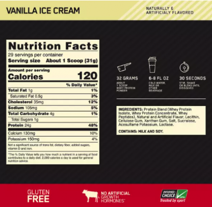 Información Nutricional Proteína helado Vainilla 1.5lb - Optimum nutrition