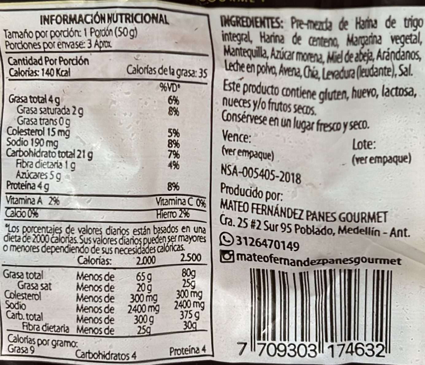 TABLA NUTRICIONAL Croissant de Centeno con Arándanos 165gr