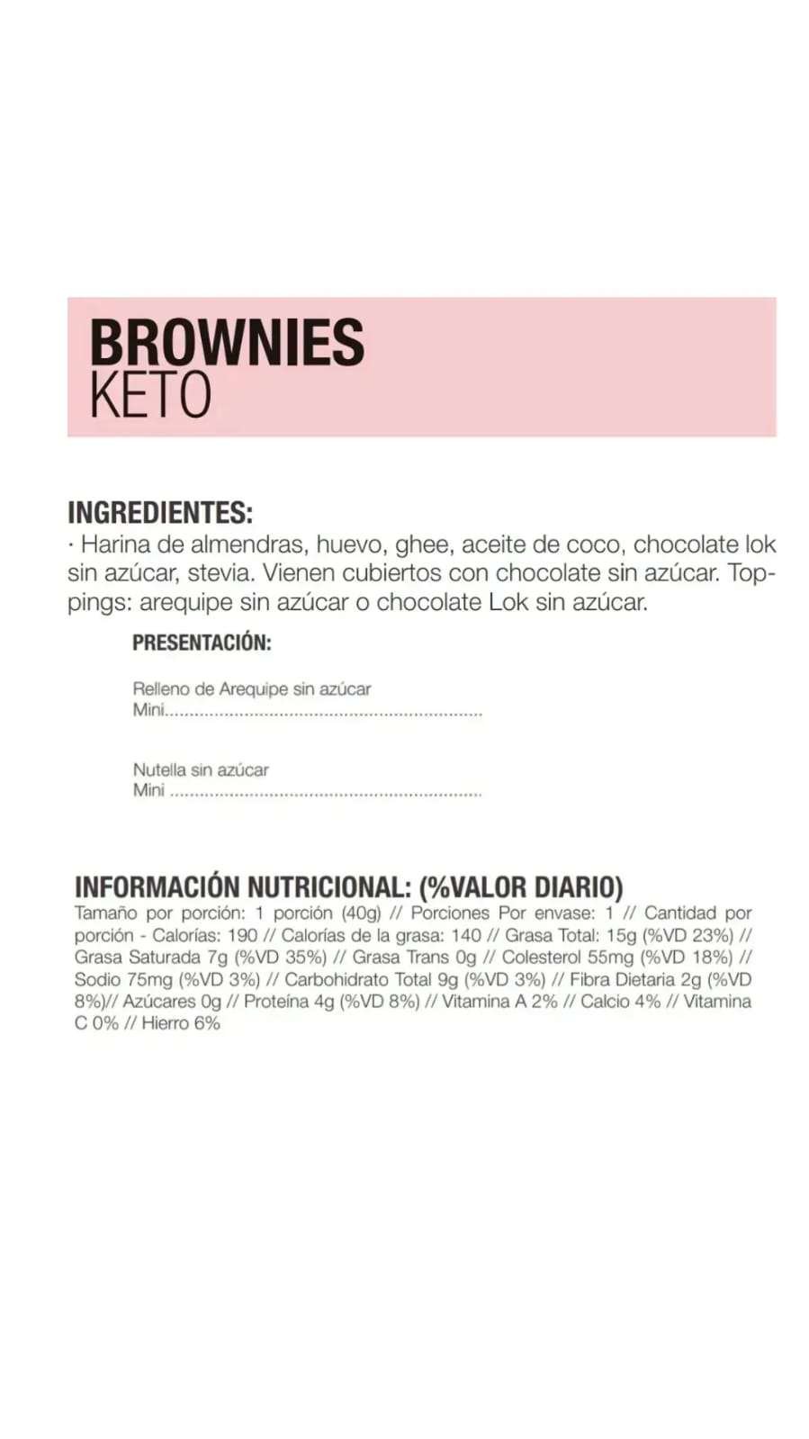 Tabla Nutricional Brownie keto Chocolate 40gr -Treat Bakery