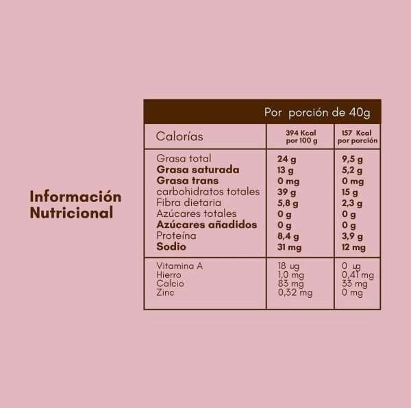 Información Nutricional Brownie de Aguacate 40gr - Sin Remordimientos