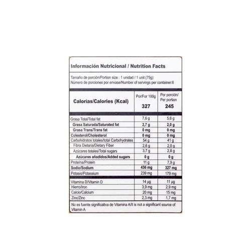 Tabla nutricional Amoretty Pizza de almendras 6 porciones 450gr