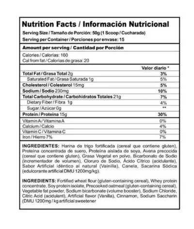 Información Mezcla pancakes waffles proteína sin huevo 750gr