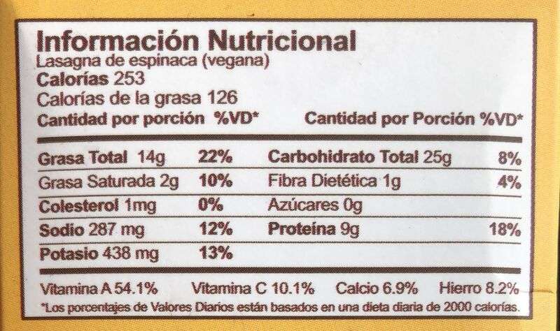 Información Pasta lasagna almendras espinaca 250gr