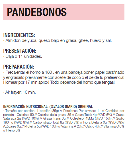 Información Nutricional Pandebonos con queso mozzarella 11 und