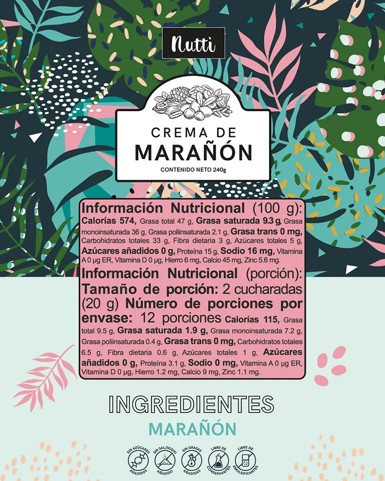 Información Nutricional Mantequilla Marañón Cremosa 230 gr - Nutti