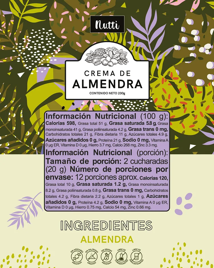 Información Nutricional Mantequilla Almendras Cremosa 100gr- Nutti