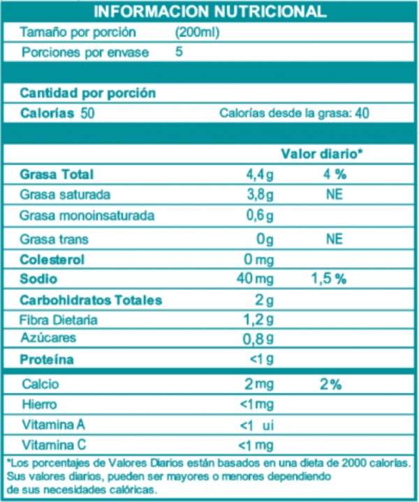 Información Nutricional Leche de Coco Sin Azucar 1LTt - Milis