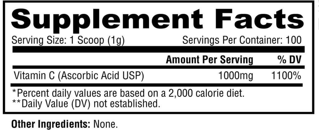 Información Nutricional Vitamina C 1000mg en polvo